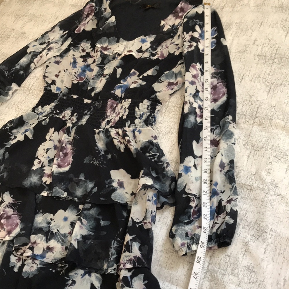 AKA Sapphire Blue Floral Mini Dress with Tiered Ruffles; Long Sleeve; XS - Picture 13 of 16